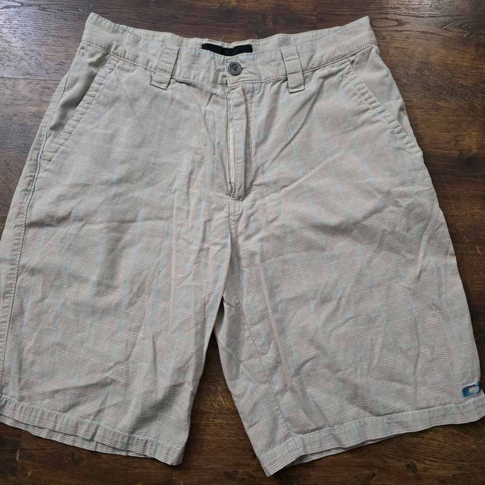 Oakley Mens Plaid‎ Golf Shorts Tan Blue Size 33 Embroidered Logo Casual Summer